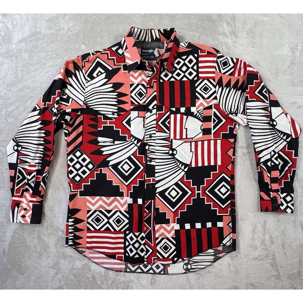 Vintage 90s Wrangler Aztec Print Cowboy Shirt USA Mens 16.5x35 Red Black